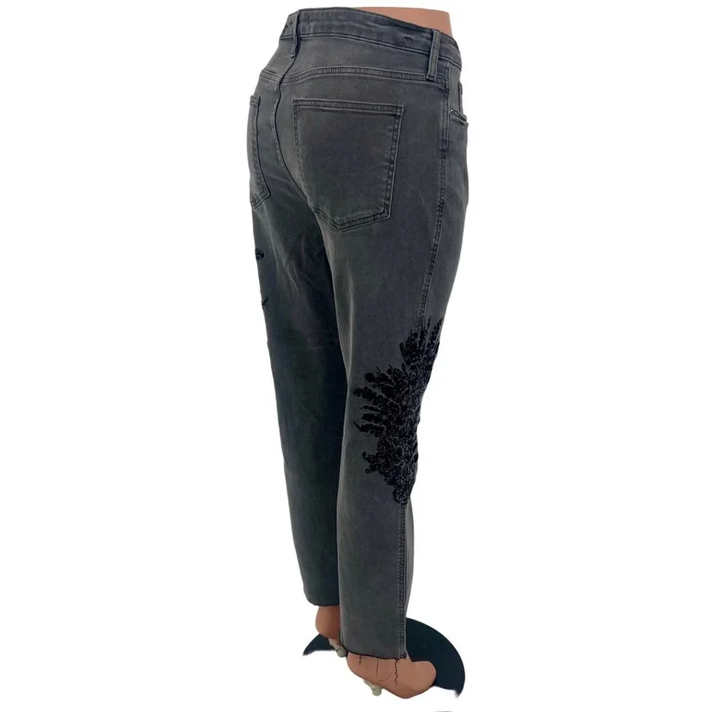 NWOT Free People Gray Embroidered High-Rise Straight Leg Girlfriend Jeans | Boho - Picture 11 of 15